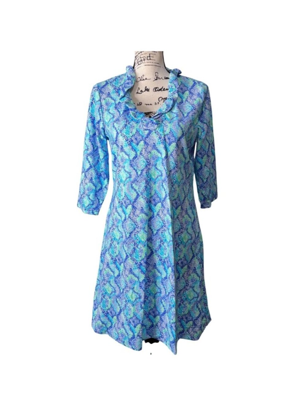 Lulu B Womens Size Small Ruffle Neck Dress 3/4 Sleeve Blue Green Print Stretch